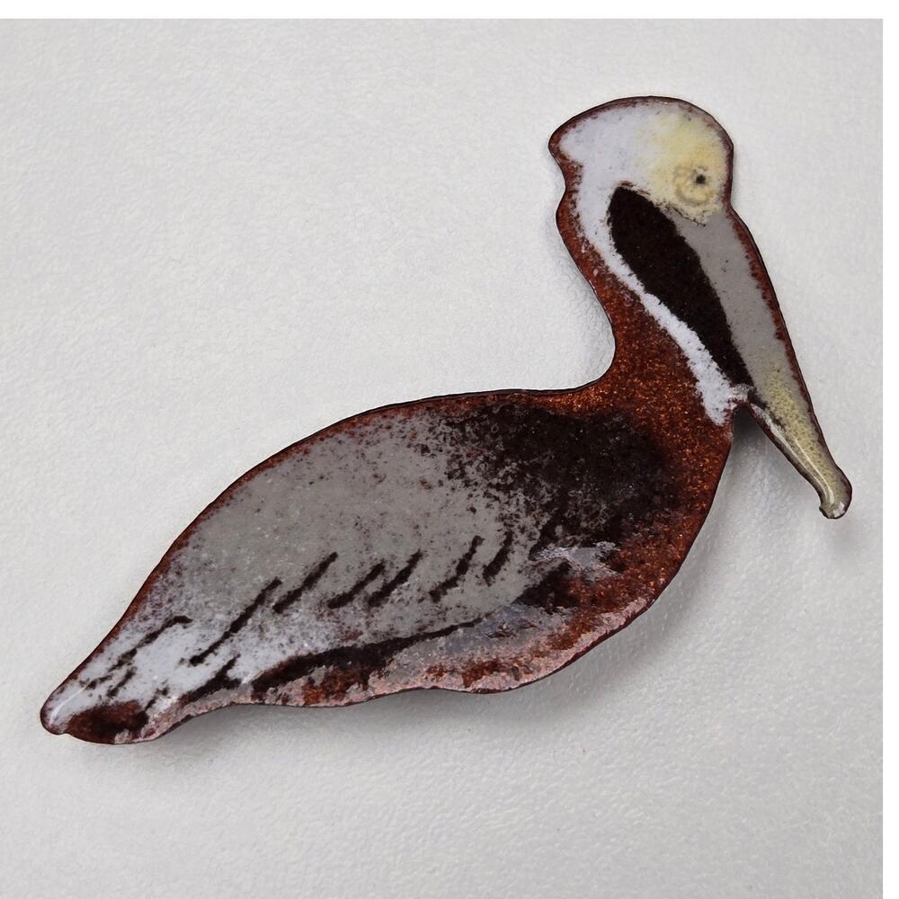 Vintage Artisan Brown Pelican Brooch Pin Handmade Unsigned Folk Art Coastal